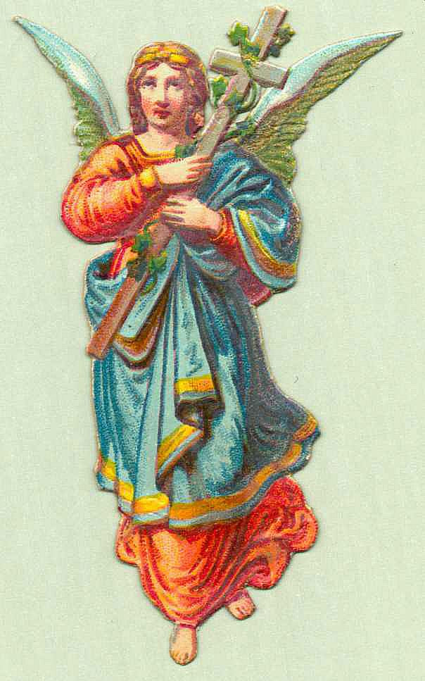 Die-cut angel carrying a cross, embossed scrap — historic image