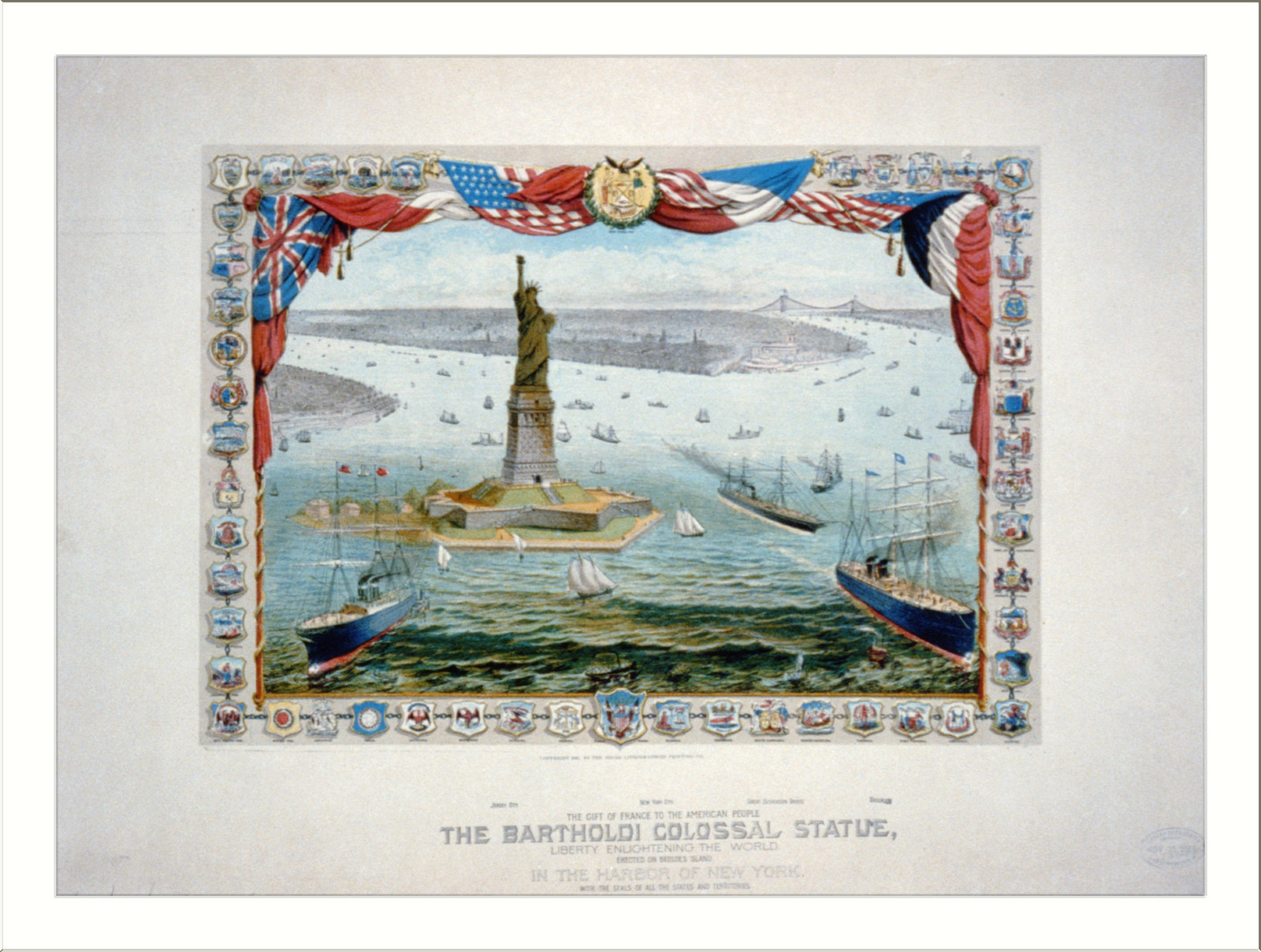 The gift of France to the American people, the Bartholdi colossal statue, Liberty enlightening the world / Shugg Brothers ; R. Schwarz, Des., c1884. — antique lithograph