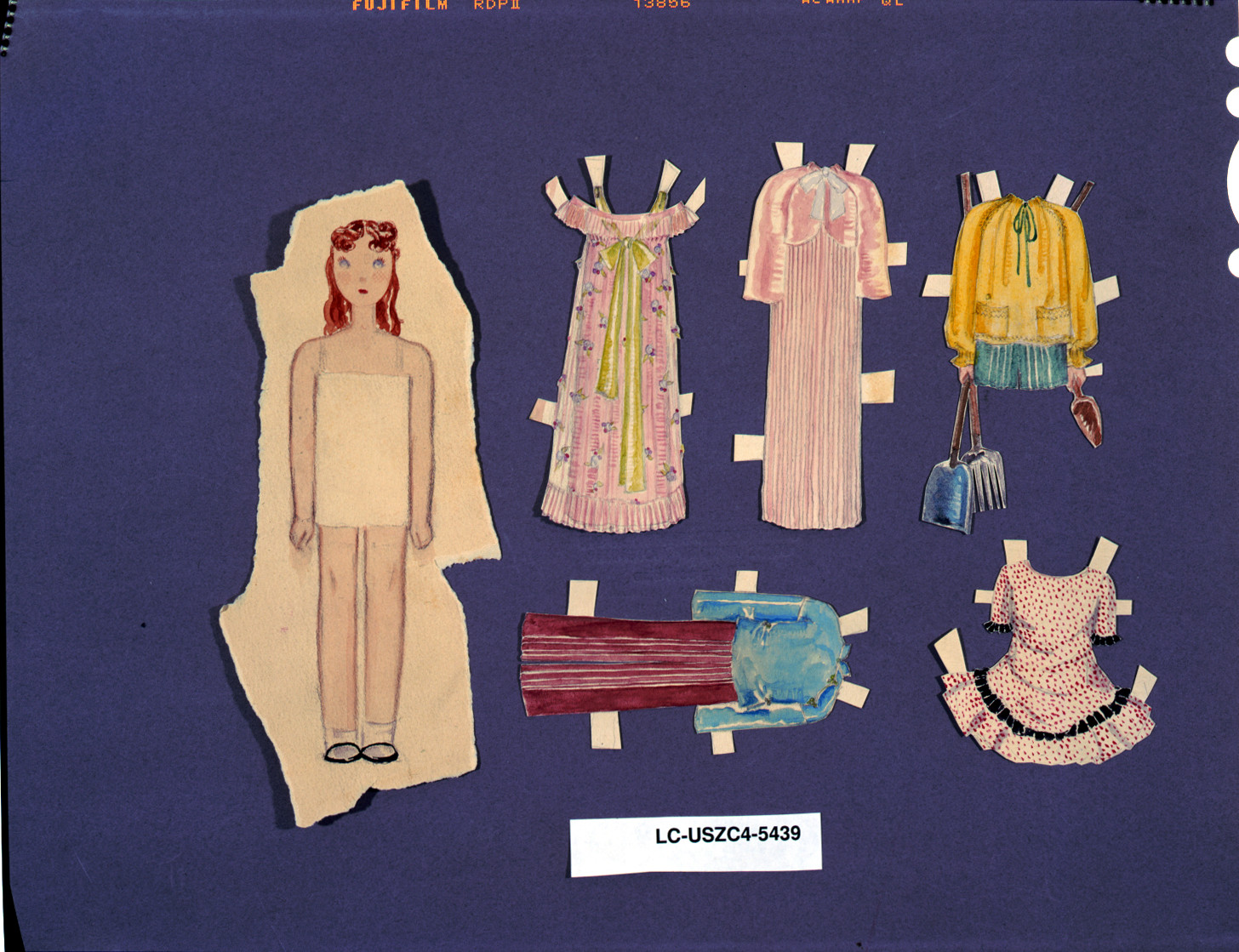 Paper doll with cut-out dresses and clothing outfits — historic image