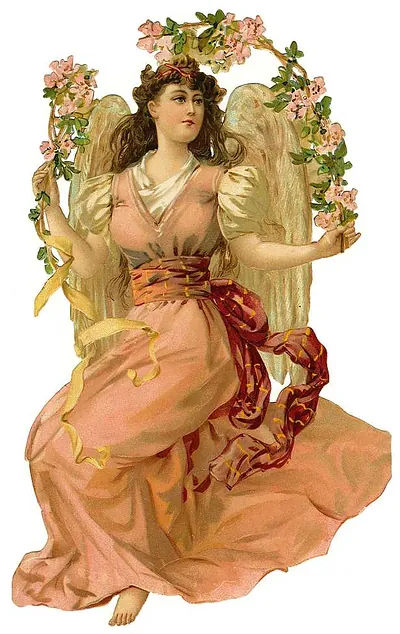 Winged angel in pink gown holding blossom garland