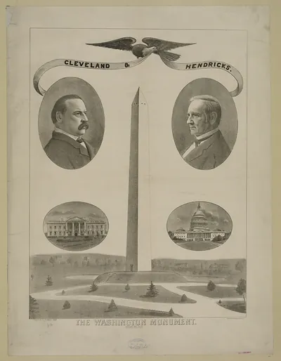 The Washington Monument with Cleveland and Hendricks portraits