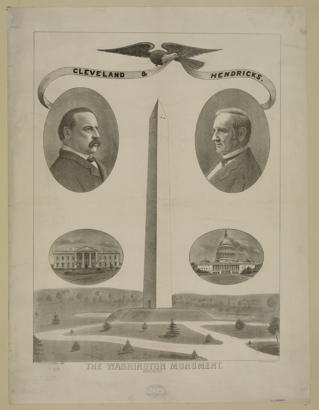 The Washington Monument with Cleveland and Hendricks portraits — historic image