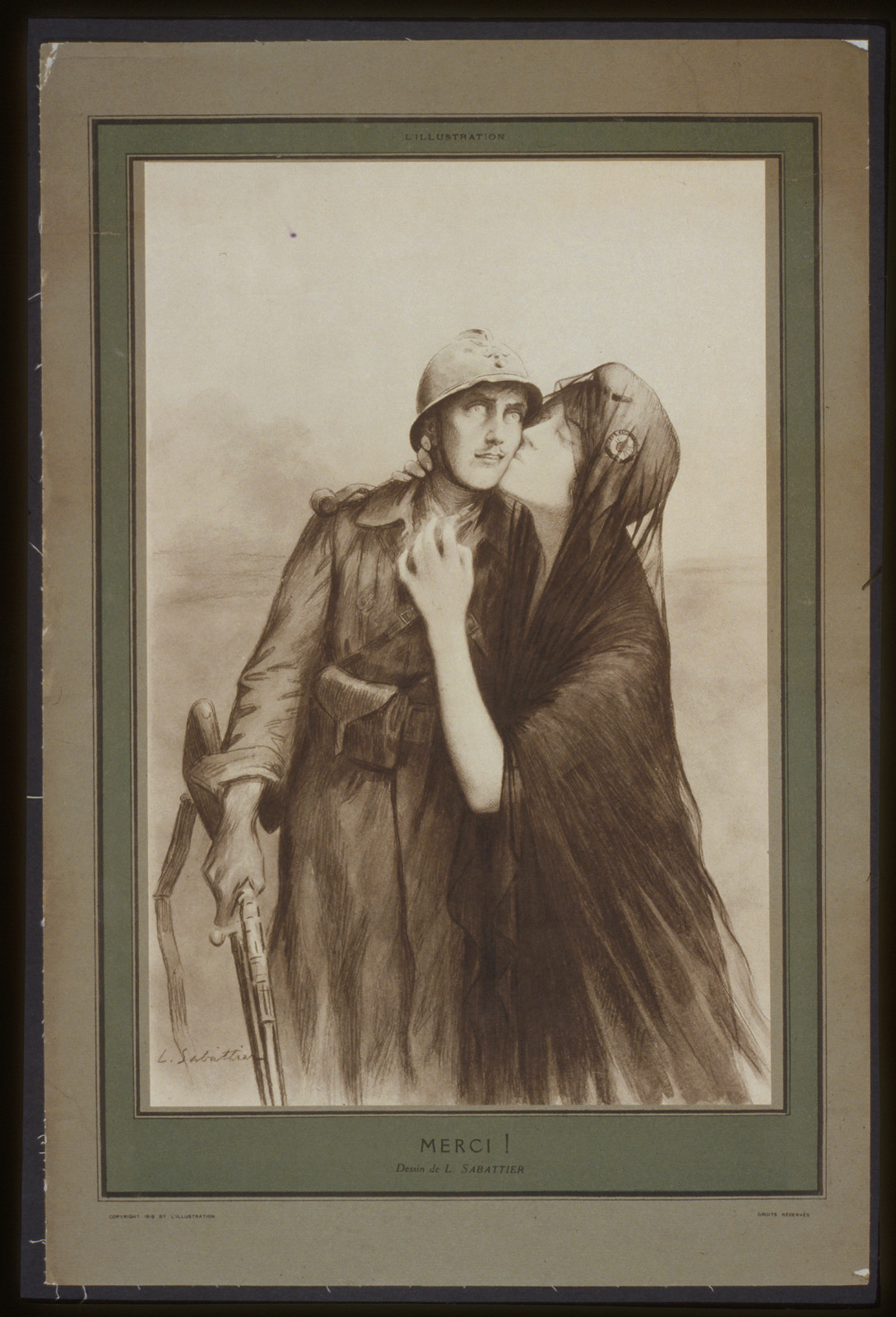 Merci, soldier kissed by a veiled woman, after L. Sabattier, 1919 — historic image