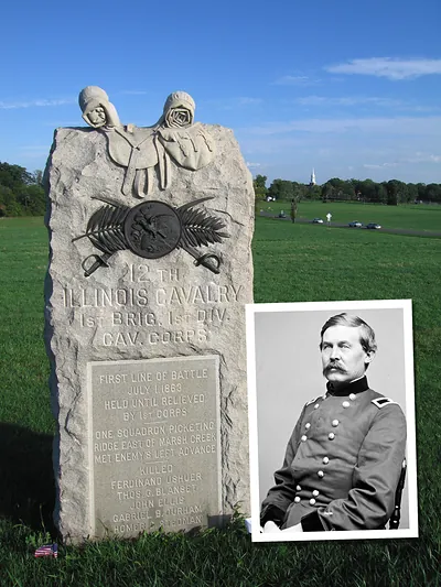 12th Illinois Cavalry monument at Gettysburg with officer portrait inset