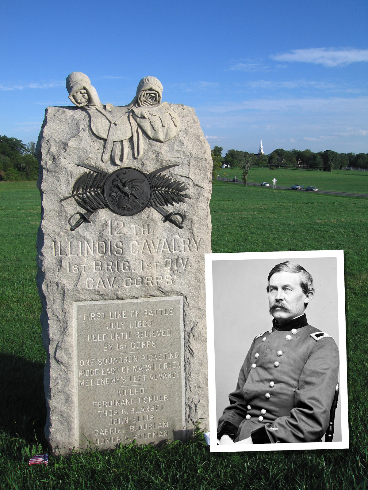 12th Illinois Cavalry monument at Gettysburg with officer portrait inset — historic image