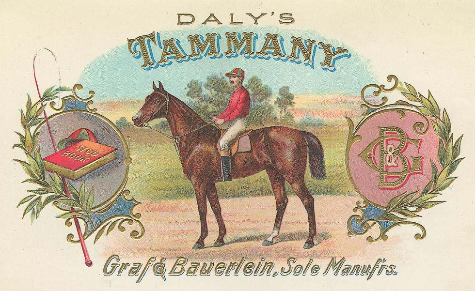 Daly's Tammany cigar label with jockey on bay horse — historic image