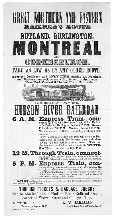 Great Northern and Eastern Railroad Route, Rutland and Montreal timetable broadside