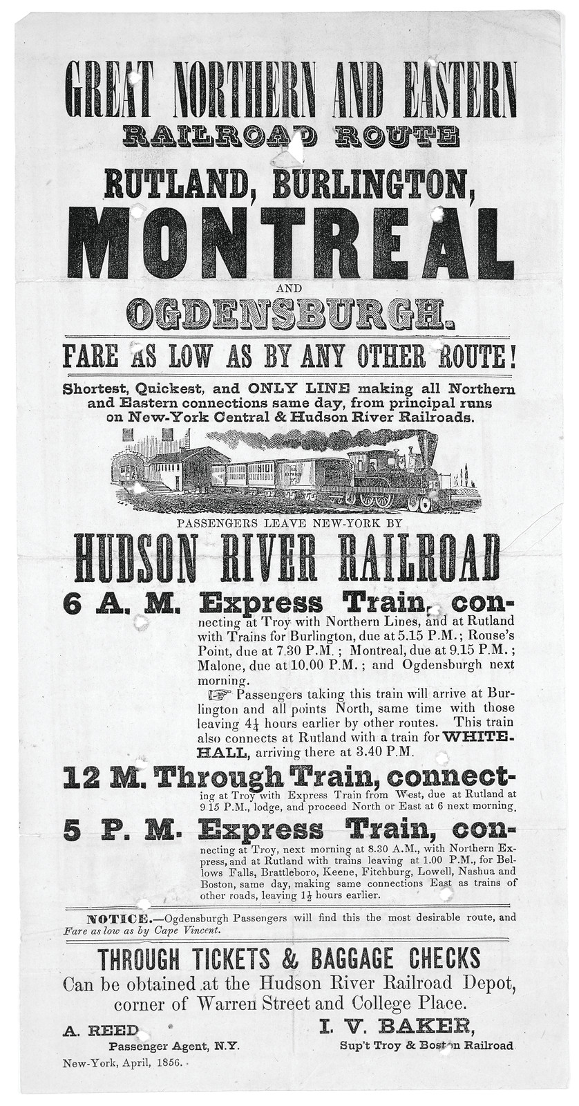 Great Northern and Eastern Railroad Route, Rutland and Montreal timetable broadside — historic image
