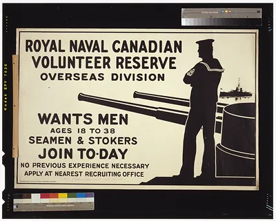 Royal Naval Canadian Volunteer Reserve Overseas Division wants men ages 18 to 38. Seamen stokers. Join to-day