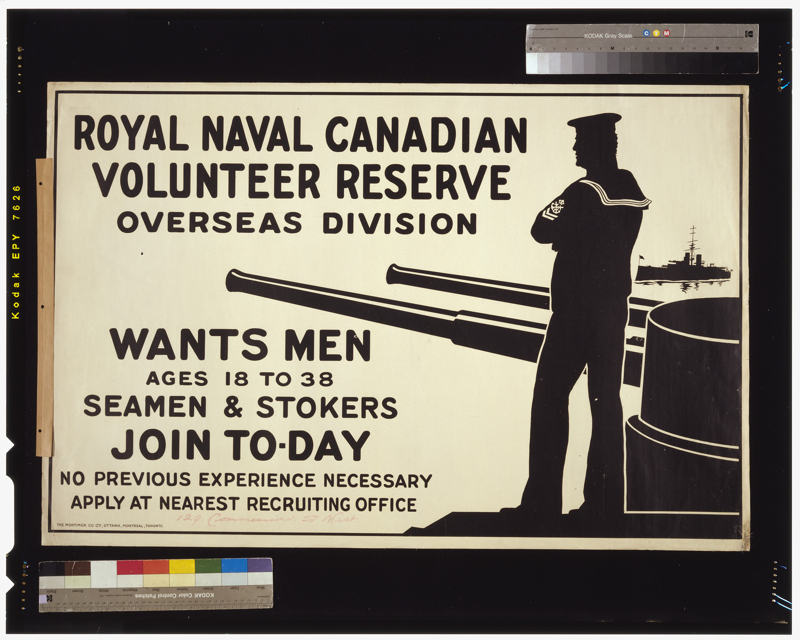 Royal Naval Canadian Volunteer Reserve Overseas Division wants men ages 18 to 38. Seamen stokers. Join to-day, 1915 — vintage poster
