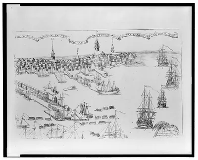 The town of Boston in New England and British ships of war landing their troops! 1768
