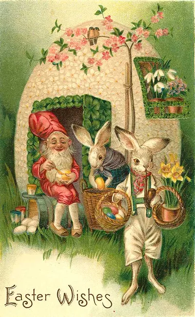 Easter Wishes postcard with gnome and rabbits