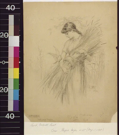 Pencil sketch of a woman carrying wheat sheaves