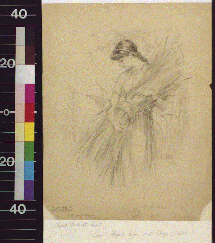 Pencil sketch of a woman carrying wheat sheaves — historic image