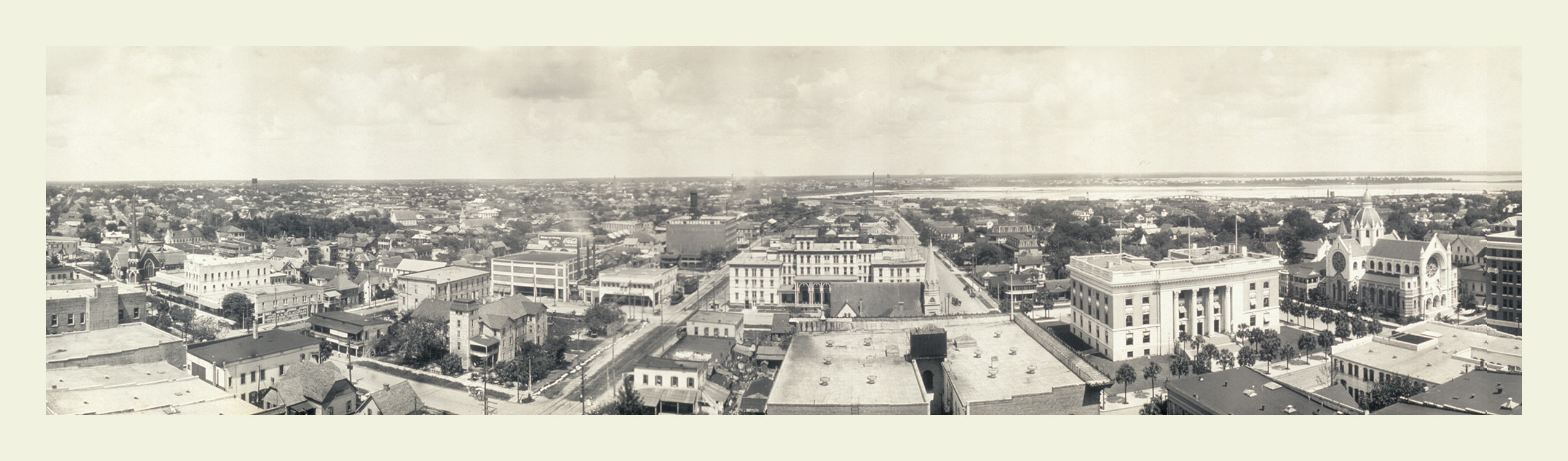 Panoramic photograph of a city with domed building and bay, 1913 — historic photograph