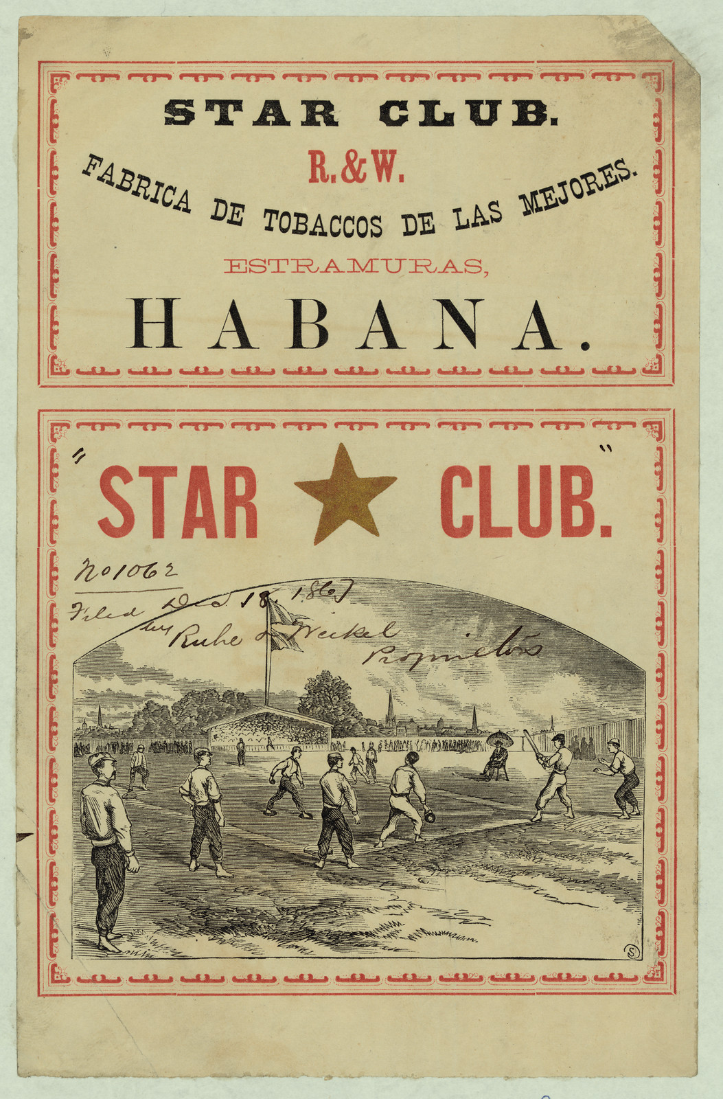Star Club tobacco label with baseball engraving, Habana — antique engraving