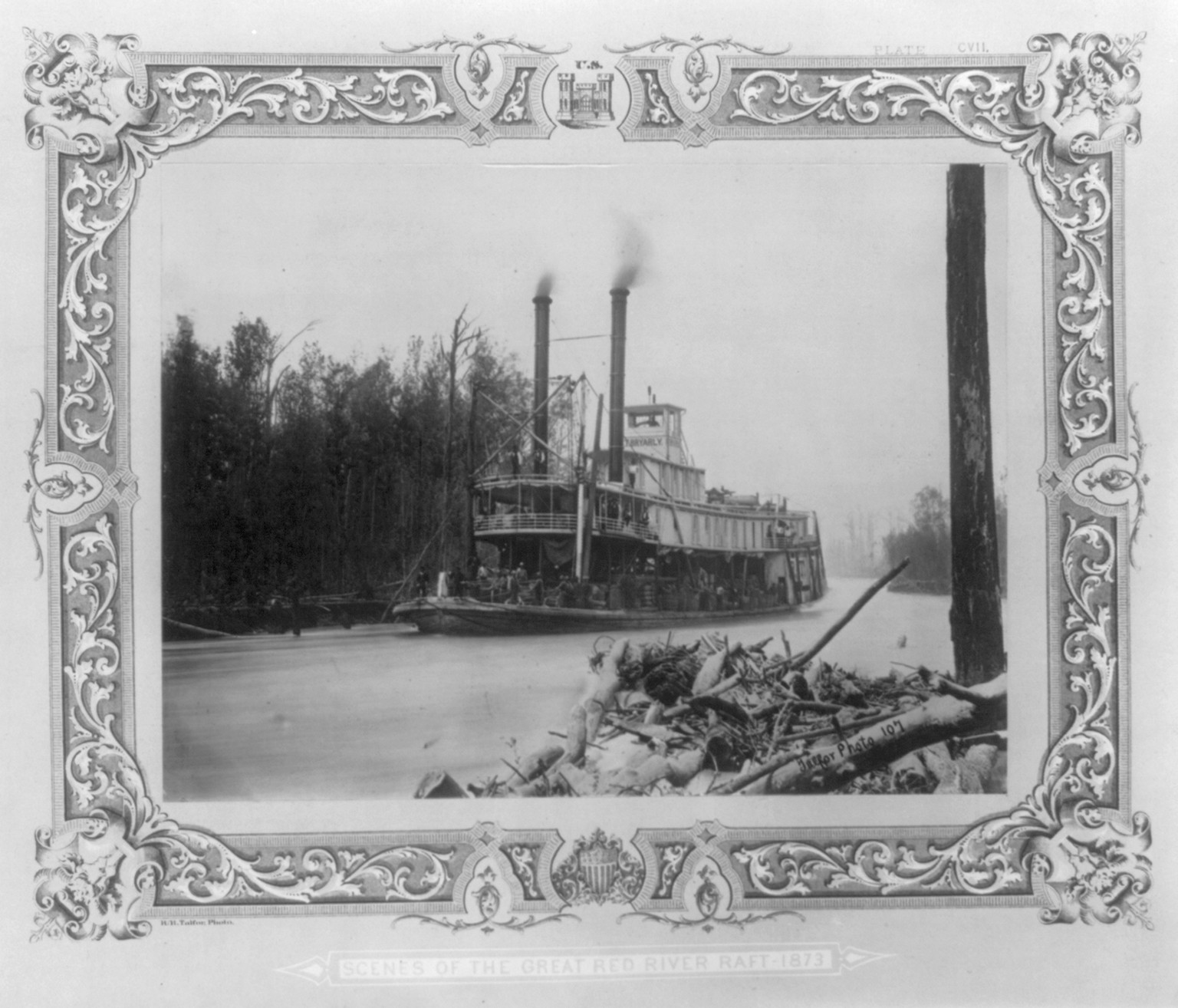 [U.S. Army Corps of Engineers operation to remove obstacles from the Red River in Louisiana, 1873]: Pl. 107 - Steamer Bryerly entering Red River through Sale & Murphy's Canal — historic photograph