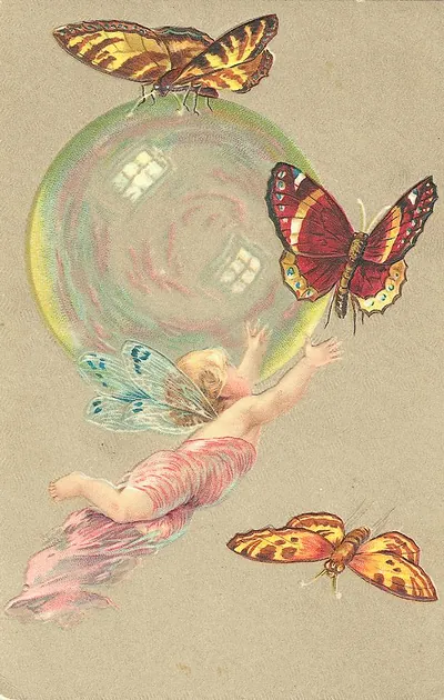 Fairy reaching for a bubble among butterflies