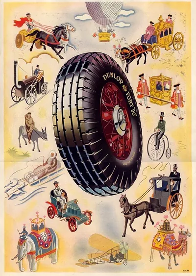 Dunlop Fort 90 tyre advertisement with historic transport vehicles