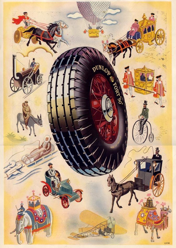 Dunlop Fort 90 tyre advertisement with historic transport vehicles — historic image