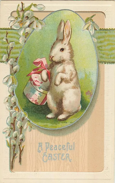 A Peaceful Easter greeting card with white rabbit and eggs