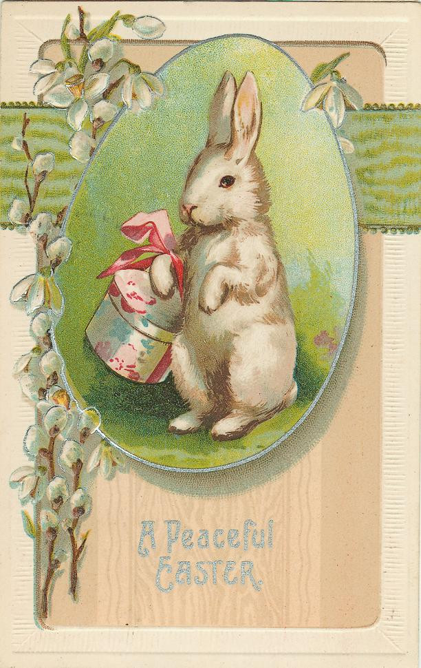 A Peaceful Easter greeting card with white rabbit and eggs — historic image