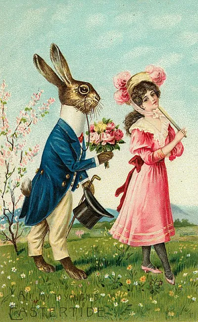 Easter greeting card with rabbit and girl