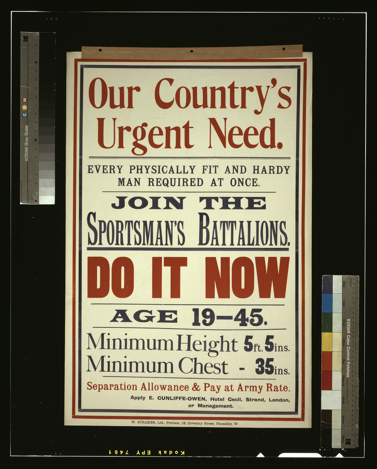 Our country's urgent need. Every physically fit and hardy man required at once. Join the Sportsman's Battalions. Do it now / W. Straker, Ltd., Printers, 13, Coventry Street, Piccadilly, W., [London : s.n., 1915] — vintage poster