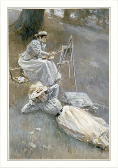 Two women painting and resting on grass under a tree