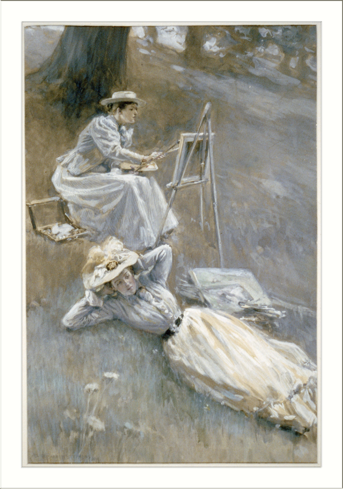 Two women painting and resting on grass under a tree — historic image