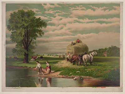 Haying scene with children fishing by a stream