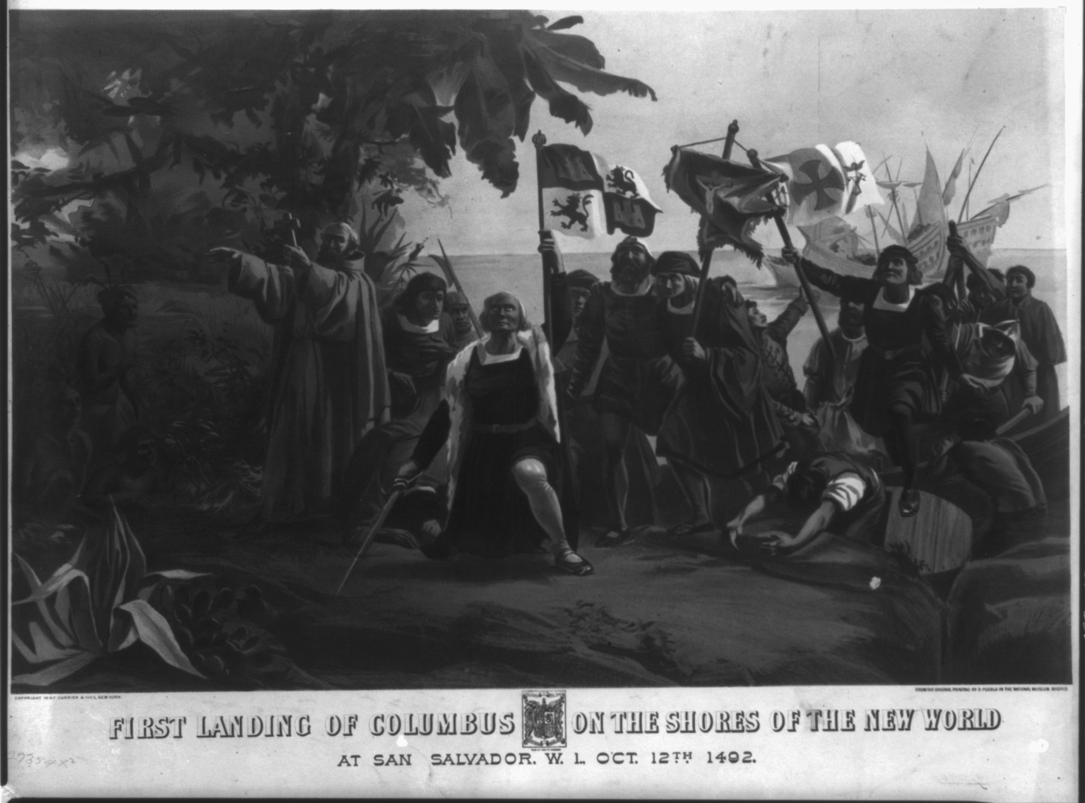 First landing of Columbus on the shores of the New World: At San Salvador, W.I., Oct. 12th 1492, New York : Published by Currier & Ives, c1892. — antique lithograph