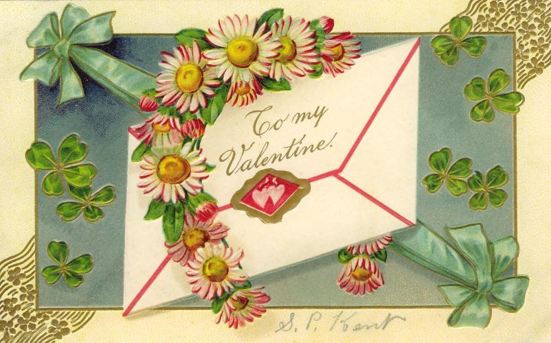 To My Valentine envelope card with daisies and clovers — historic image