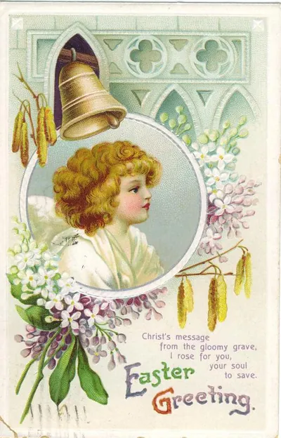 Easter Greeting postcard with cherub and bell