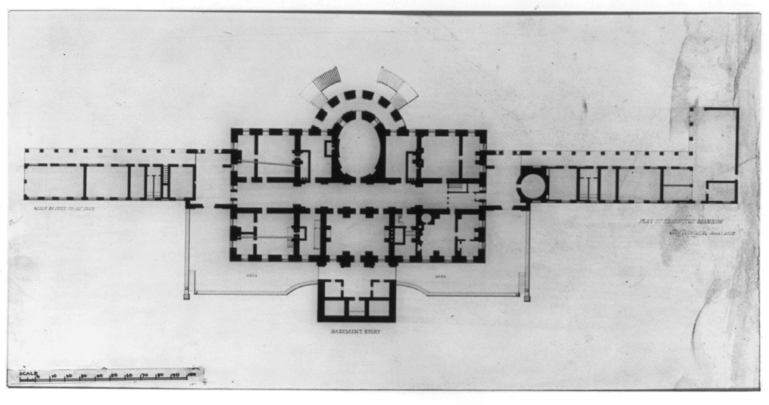 [The White House (Executive Mansion") D.C. Basement plan with area way]", 1853 — historic drawing
