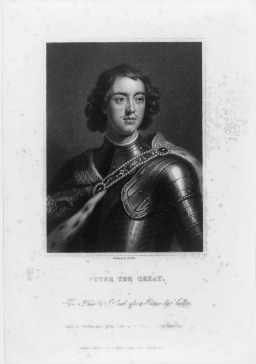 [Peter I, the Great, Emperor of Russia, half-length portrait, facing right, in armor], [between 1827 and 1871] — antique engraving