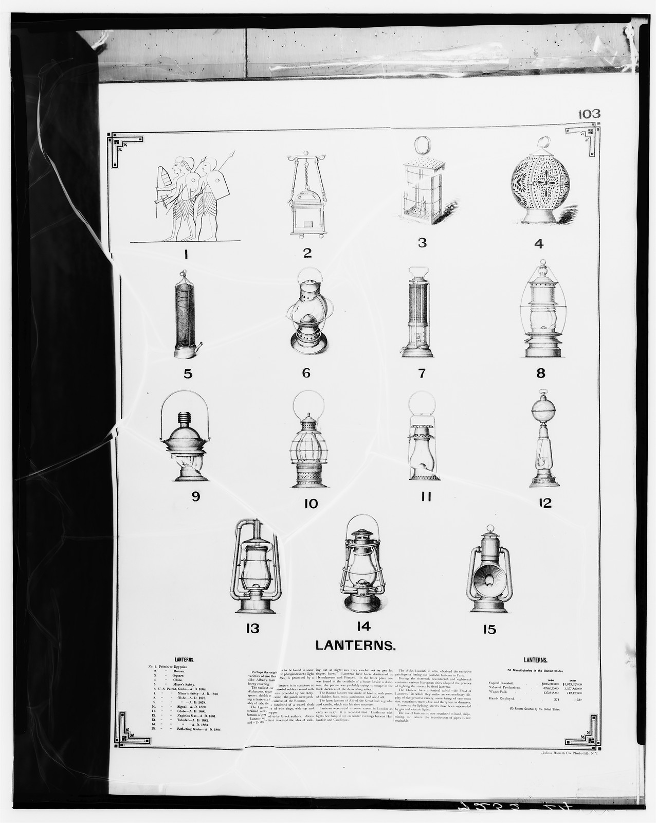 Book page of numbered lanterns titled LANTERNS — historic image