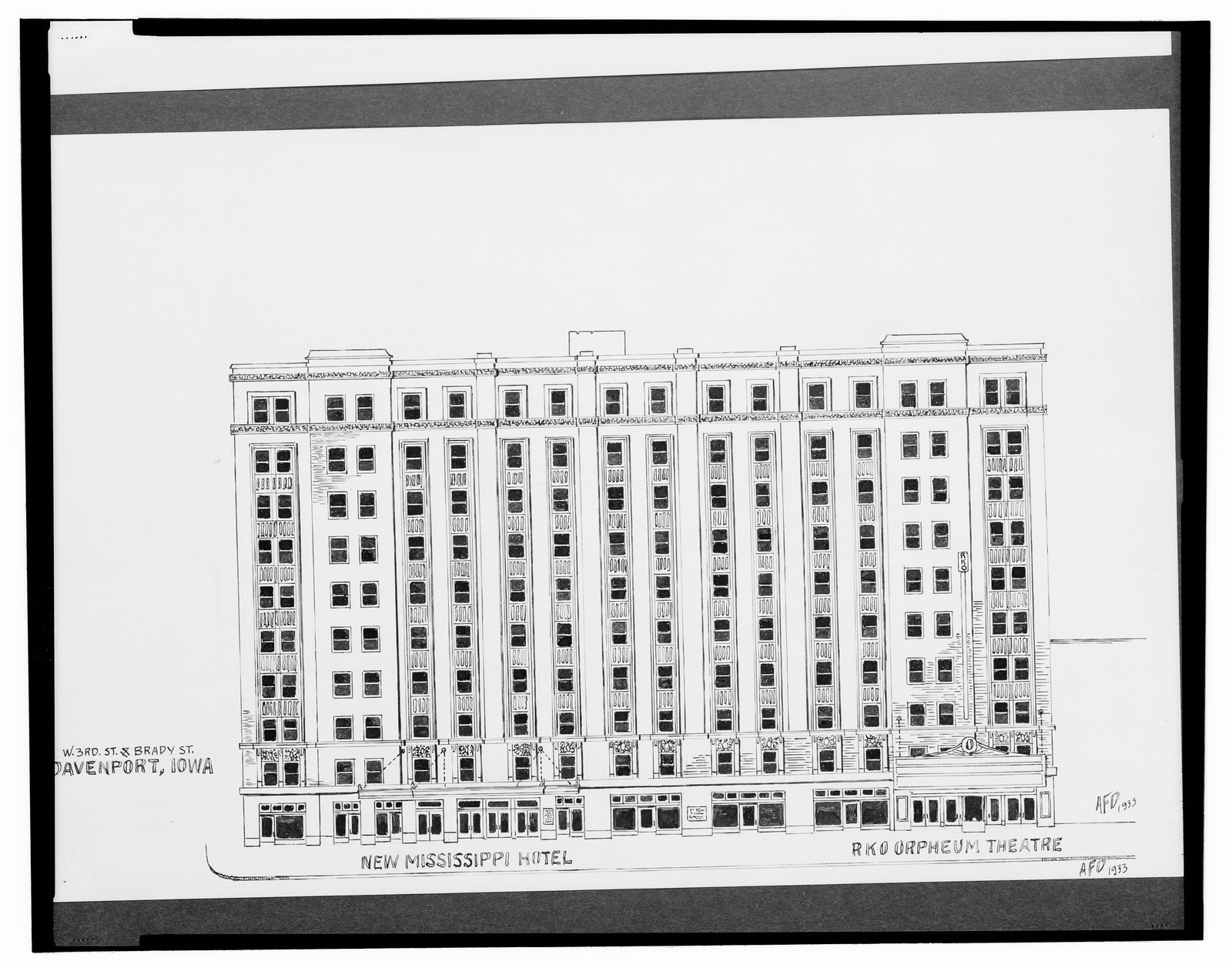 [RKO Orpheum Theatre and New Mississippi Hotel, West 3rd St. and Brady St., Davenport, Iowa] / AFD 1933., And Engineering (ADE) Drawings — vintage poster