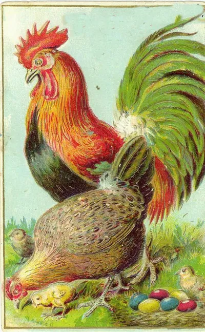 Rooster and hen with chicks and painted Easter eggs