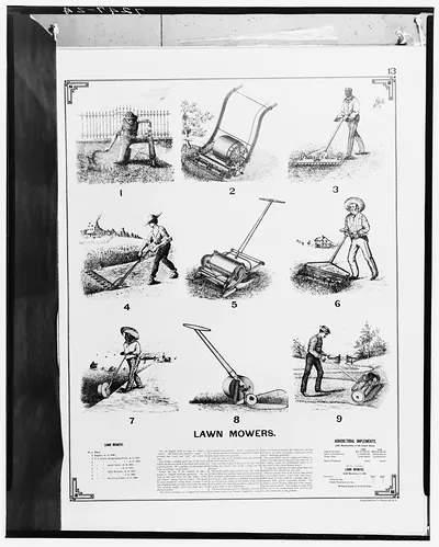 Lawn Mowers: nine numbered illustrations on an agricultural implements page