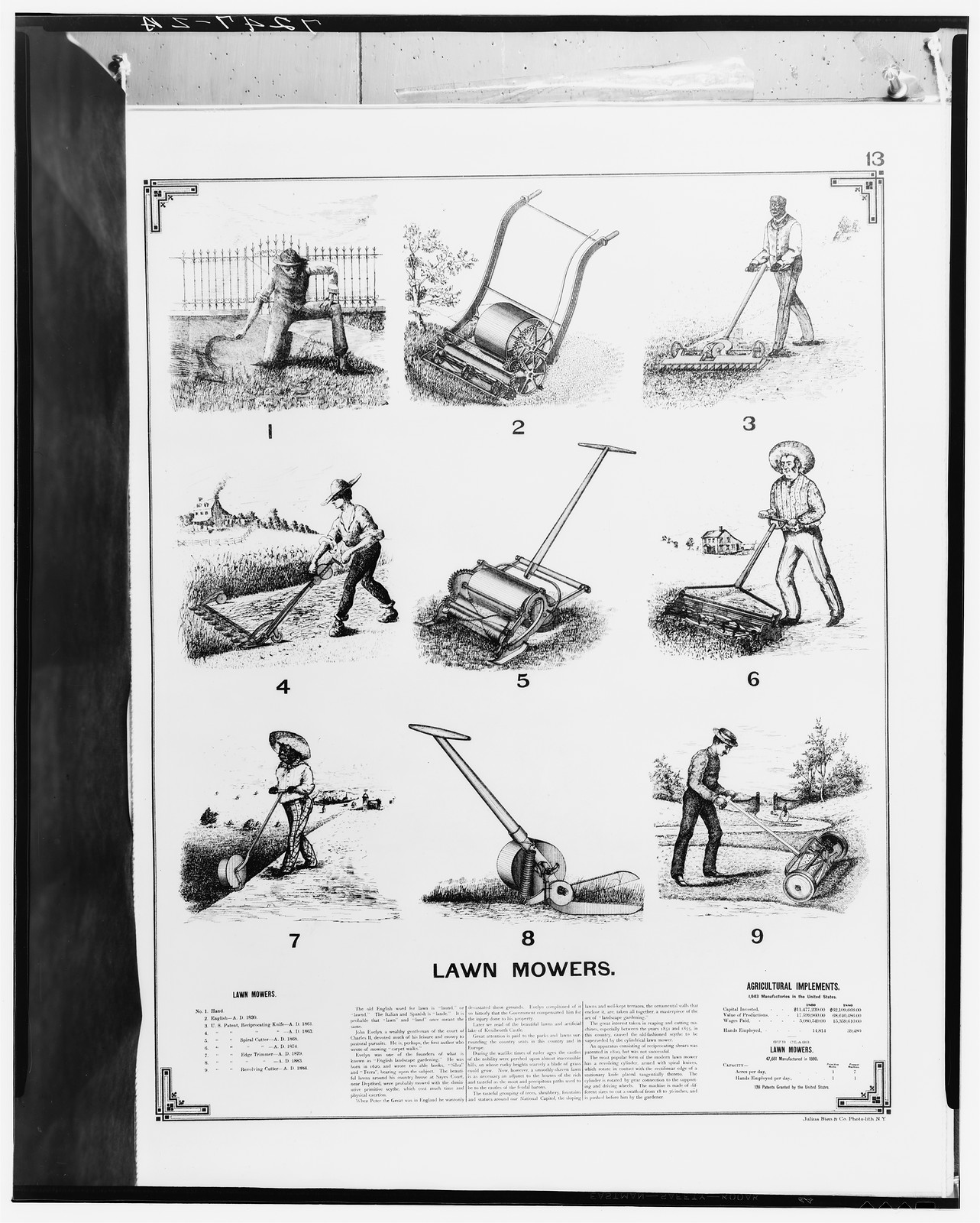 Lawn Mowers: nine numbered illustrations on an agricultural implements page — historic image