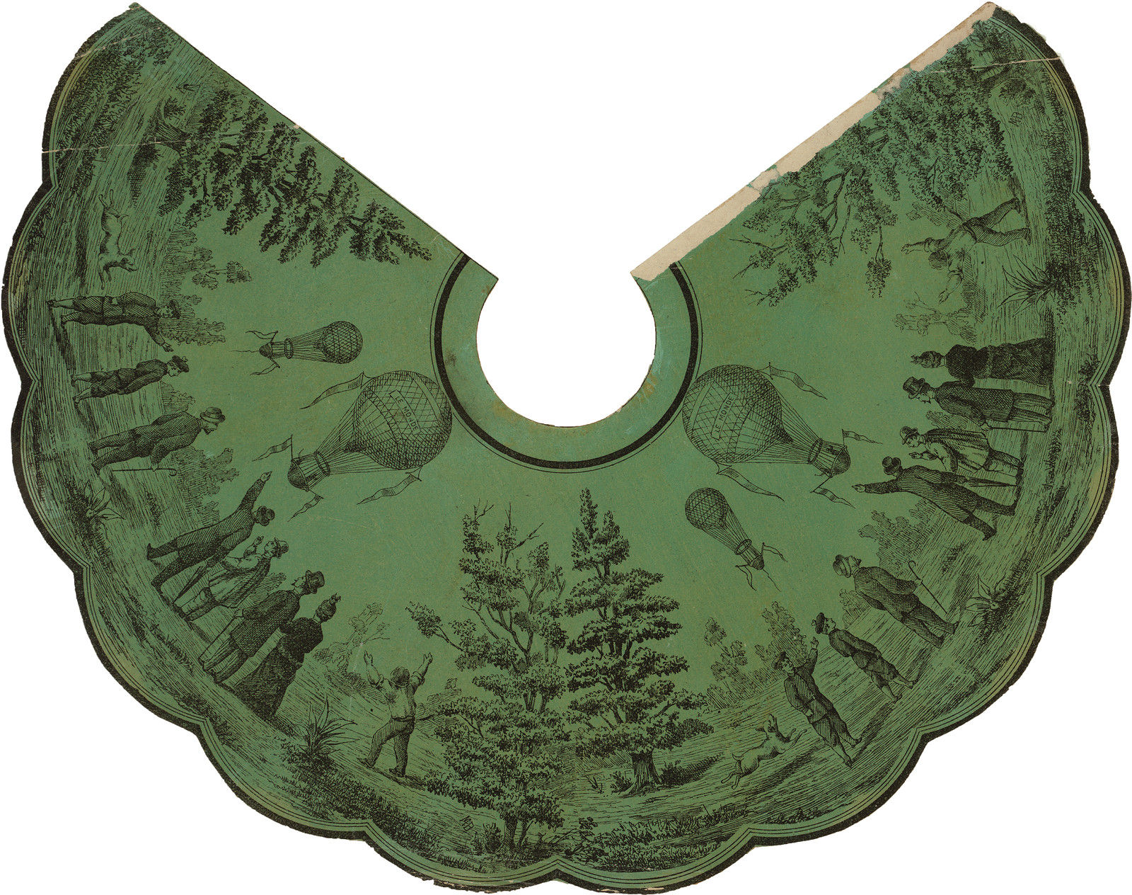 Spectators watch balloon ascents in a green printed landscape — historic print
