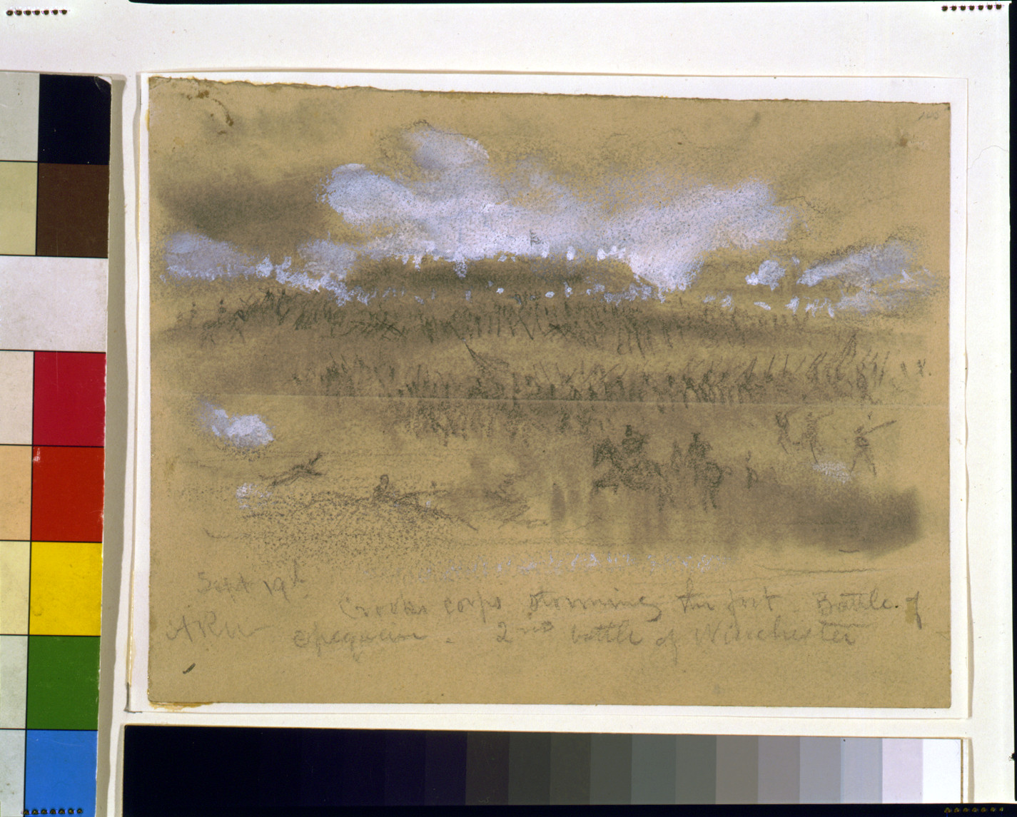 Sept. 19th. Crooks Corps storming to the fort. Battle of Opequon- 2nd battle of Winchester, [1864] September 19. — historic drawing