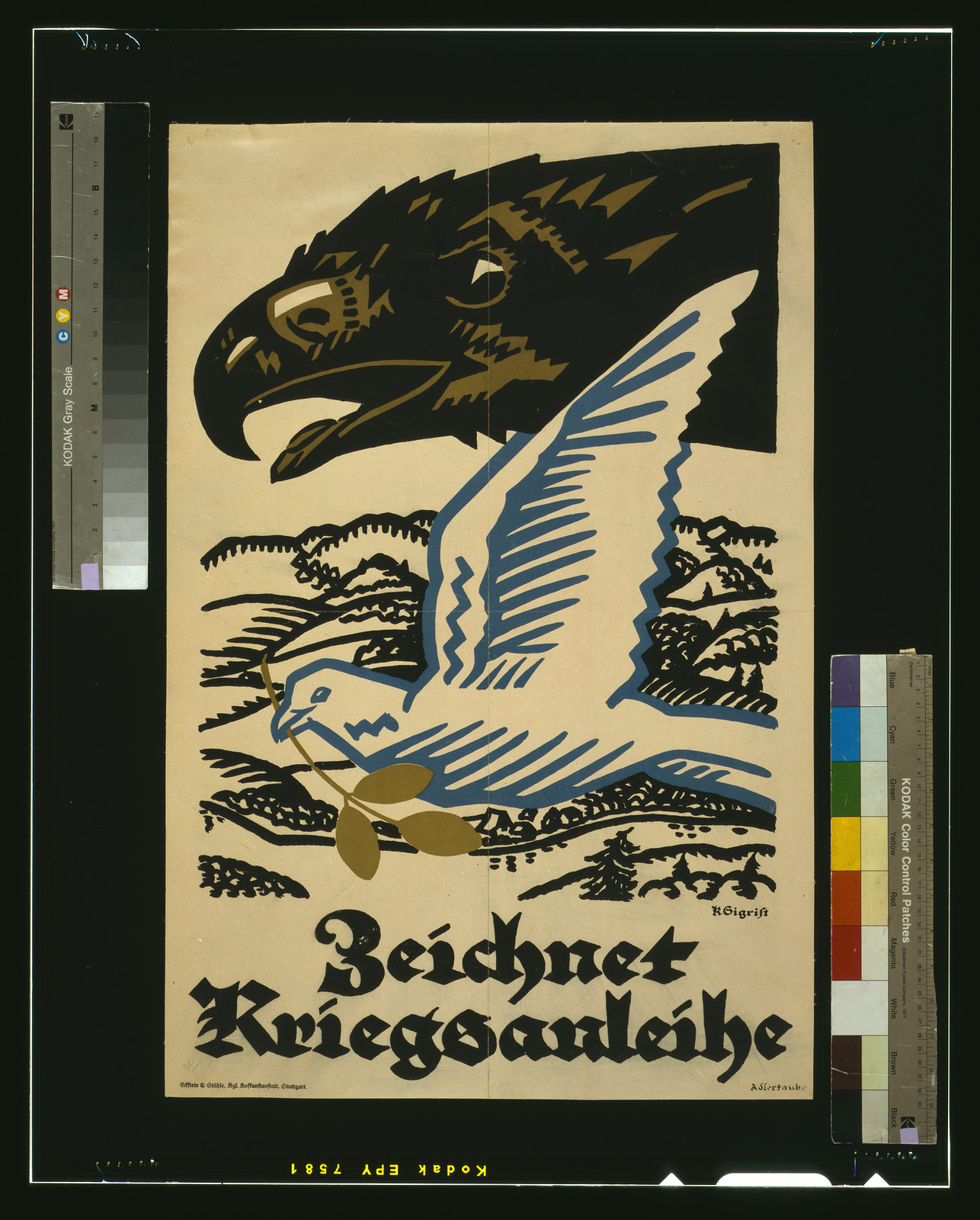 Zeichnet Kriegsanleihe: eagle and dove war loan poster, 1917 — vintage poster