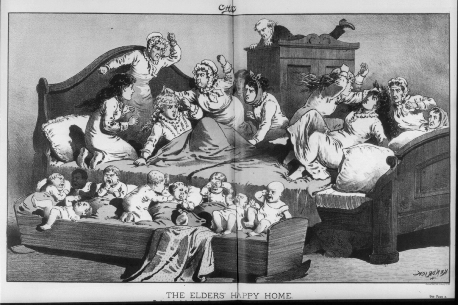 [Anti-Mormon polygamy cartoons: The Elders happy Home"]", [no date recorded on caption card] — antique lithograph