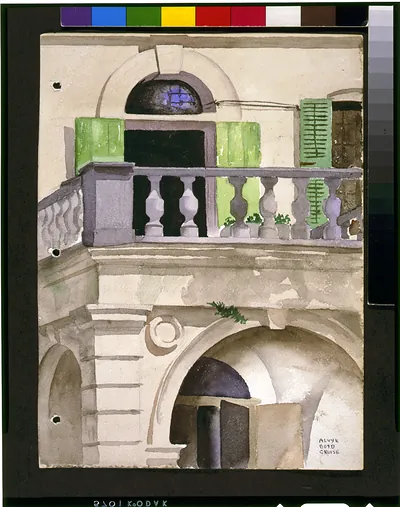 [Detail of entrance of archbishopric, with balcony, New Orleans, Louisiana] / Alvyk Boyd Cruise.