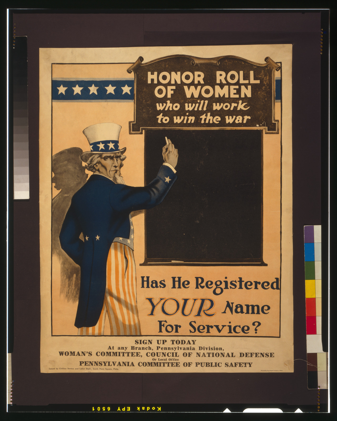 Honor roll of women who will work to win the war--Has he registered your name for service? / The Edgell Company, Phila., Philadelphia : Civilian Service and Labor Dept., [1917] — vintage poster