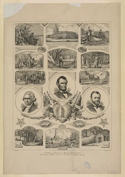 Chain of Events in American History, Lithograph with Portraits and Vignettes