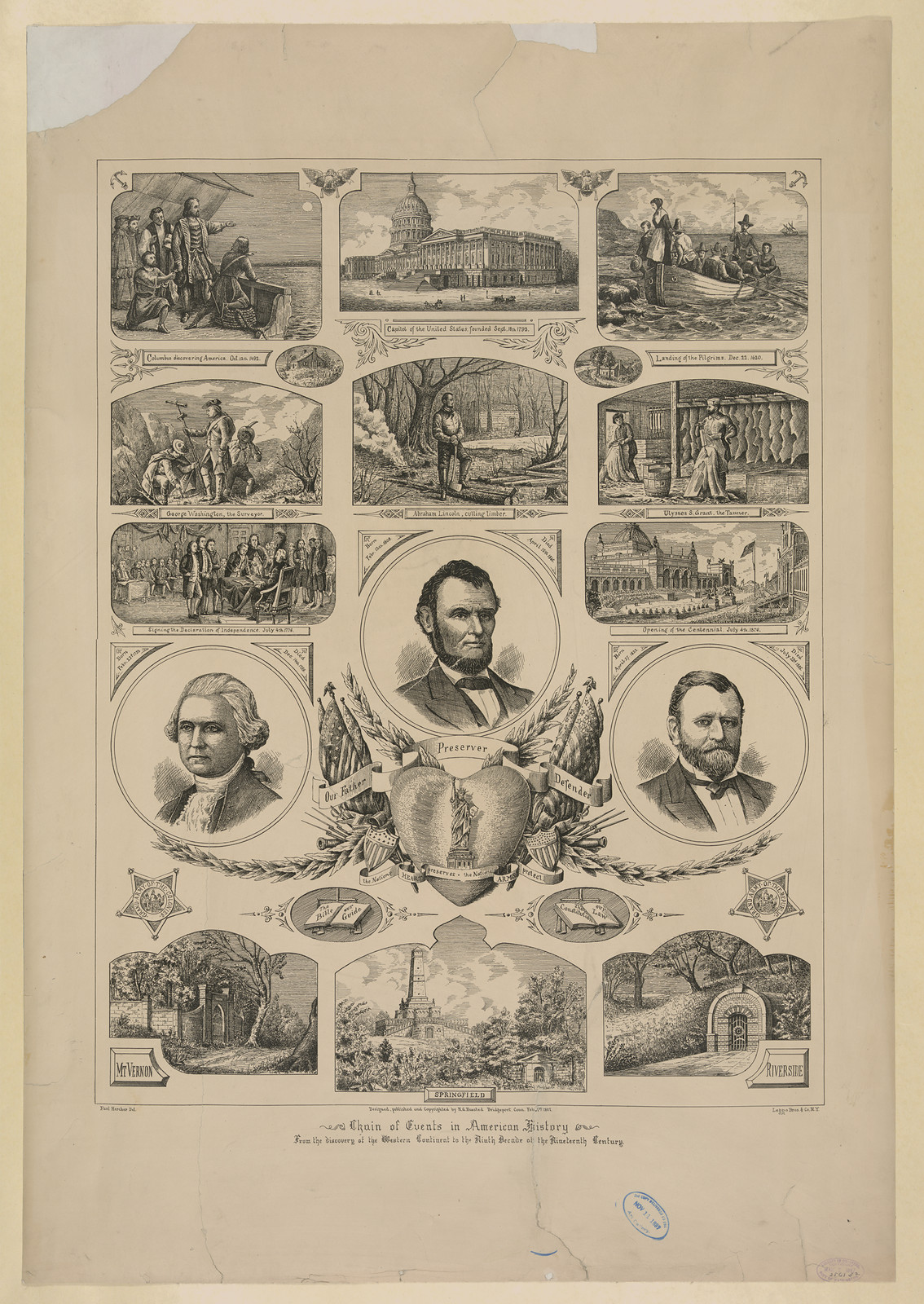 Chain of Events in American History, Lithograph with Portraits and Vignettes — antique lithograph