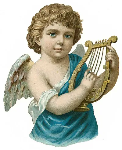 Chromolithograph of a curly-haired cherub playing a harp